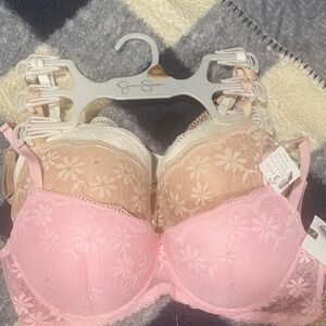 Jessica Simpson Floral Lace Bra Trio - Pink, Cream, Tan